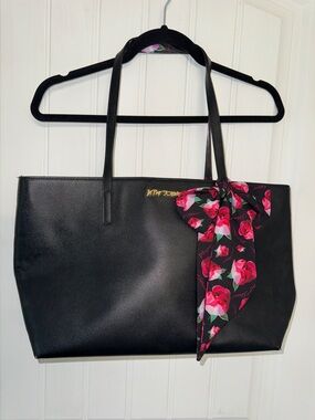 Betsey Johnson Black Tote with Rose-Print Scarf Accent